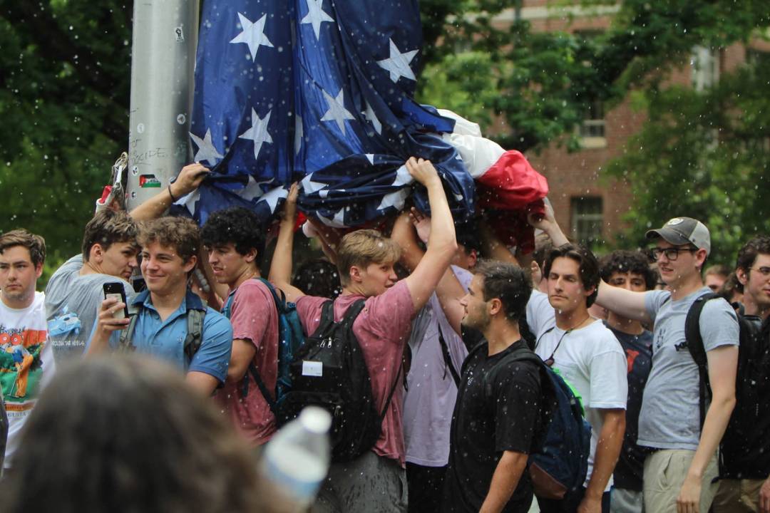 April 30, 2024, UNC-Chapel Hill, North Carolina: Pro-Palestinian demonstrators sought to replace an American flag with a Palestinian flag before being interrupted by a group of fraternity brothers.