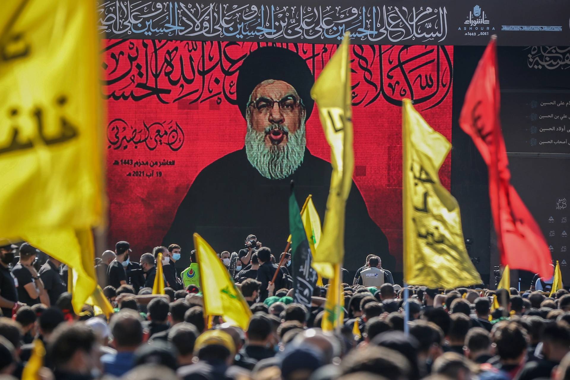 Secretary-General of Hezbollah Hassan Nasrallah speaks to supporters during a rally near Beirut on Ashura Day, 2021