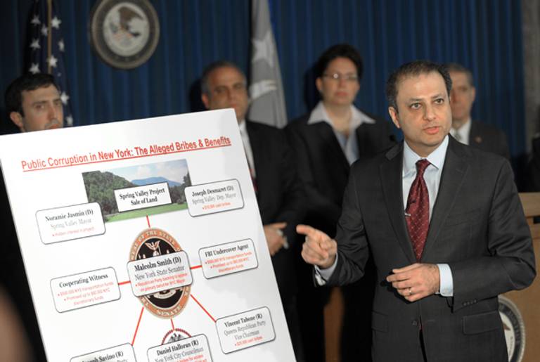 United States Attorney for the Southern District of New York Preet Bharara announces federal corruption charges against New York State Senator Malcolm Smith and New York City Council member Daniel Halloran at a press conference April 2, 2013 in New York. (STAN HONDA/AFP/Getty Images)