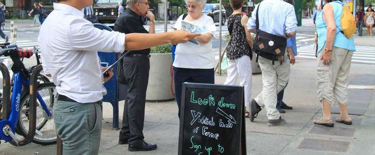 Volunteers at an event to help preserve the Yiddish Theater Walk of Fame, August 9, 2017. 