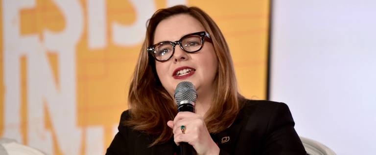 Amber Tamblyn speaks onstage at EMILY's List Pre-Oscars Brunch and Panel on February 27, 2018 in Los Angeles, California.