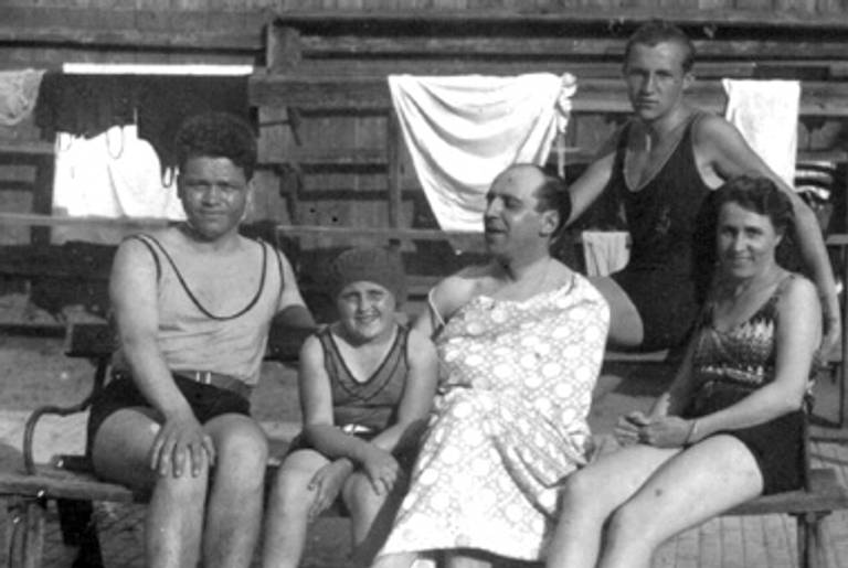 Pharmacist Victor Capesius, at far left, and Ella Boehm next to him, at a swimming pool in Sighisoara, Romania, 1928.(Private collection; property of Gisela Böhm)