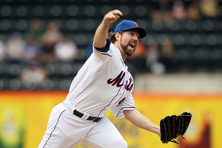 R.A. Dickey No. 43 of the New York Mets pitches against the Miami Marlins at Citi Field on Sept. 22, 2012.(Alex Trautwig/Getty Images)