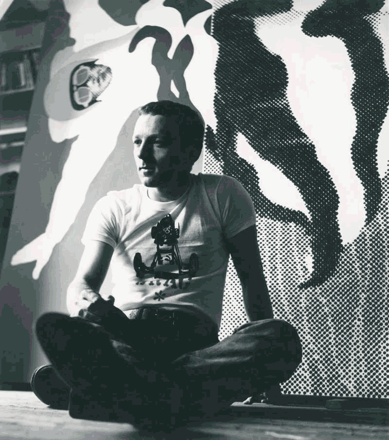 Gerald Laing with one of his skydiver paintings, 1960s