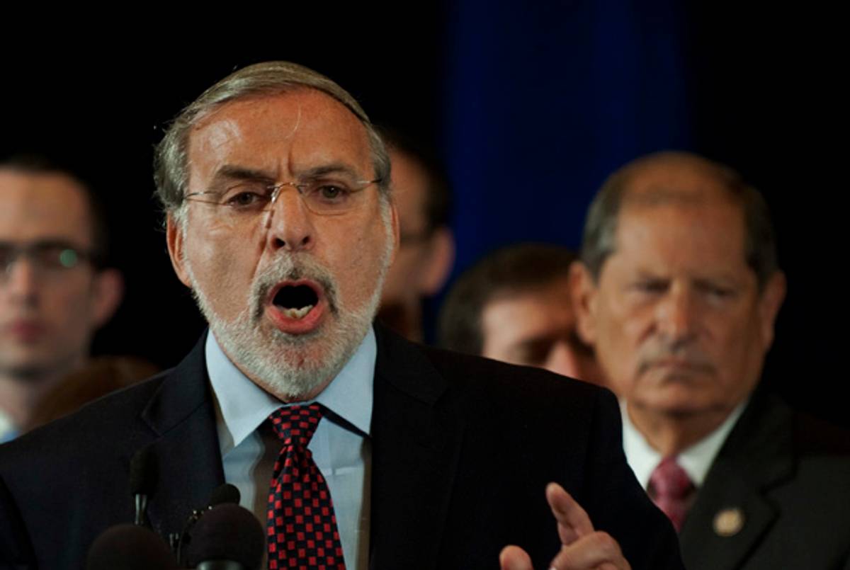 Assemblyman Dov Hikind last September (Rep. Bob Turner is behind him and to his left).(Don Emmert/AFP/Getty Images)