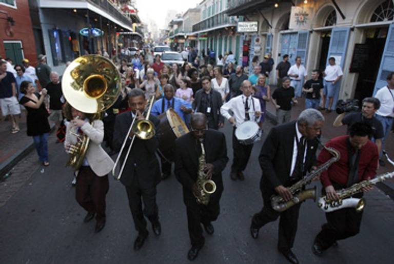 Members of the Preservation Hall Jazz Band, including Ben Jaffe at left, in khaki jacket. (Chris Graythen/Getty Images)