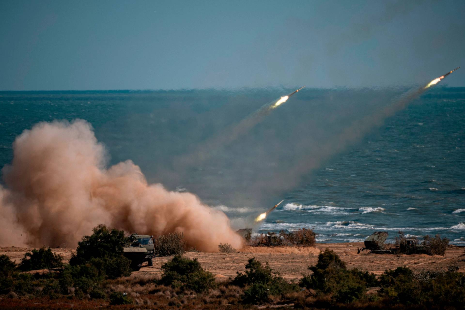 Missiles fire over the Caspian Sea during the Caucasus-2020 military drills between Iran, China, Russia, Pakistan, Myanmar, Armenia, Azerbaijan, and Belarus, on Sept. 23, 2020