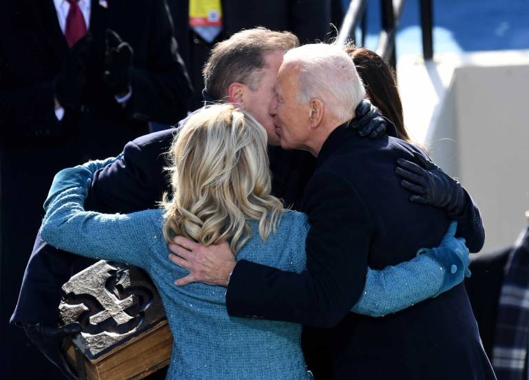 President Joe Biden hugs his son Hunter Biden and first lady Jill Biden after being sworn in at the U.S. Capitol in Washington, D.C., on Jan. 20, 2021