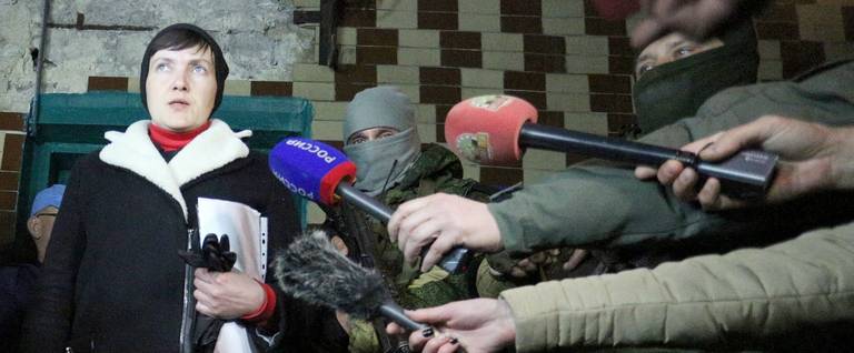 Member of Ukrainian Parliament and former military pilot Nadia Savchenko talks to the press during her visit in Makiivka, Donetsk region, February 24, 2017. 