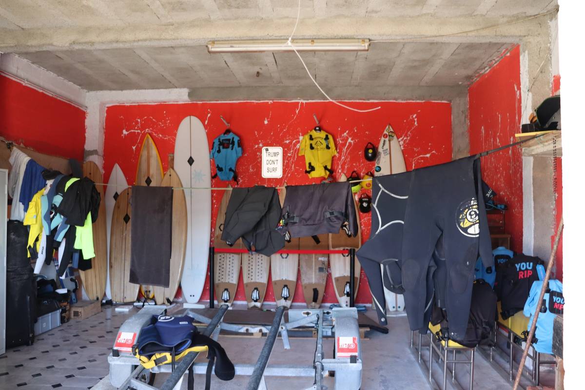 A collection of David’s surfboards at the Nazaré marina