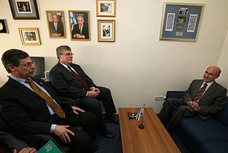 Israeli diplomats and the Turkish ambassador. Note the height disparity between the sofas.(Ynet)