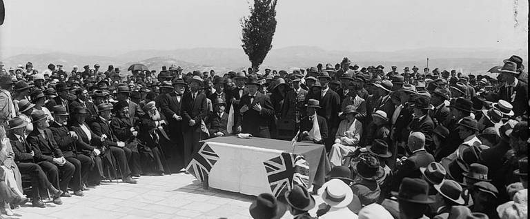 Winston Churchill speaking at a tree planting ceremony on the site of Hebrew University, Mount Scopus, Jerusalem, March 28th, 1921.