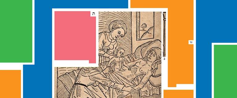 A baby being removed from its dying mother's womb via cesarean section. Reproduction of woodcut, 1483.
