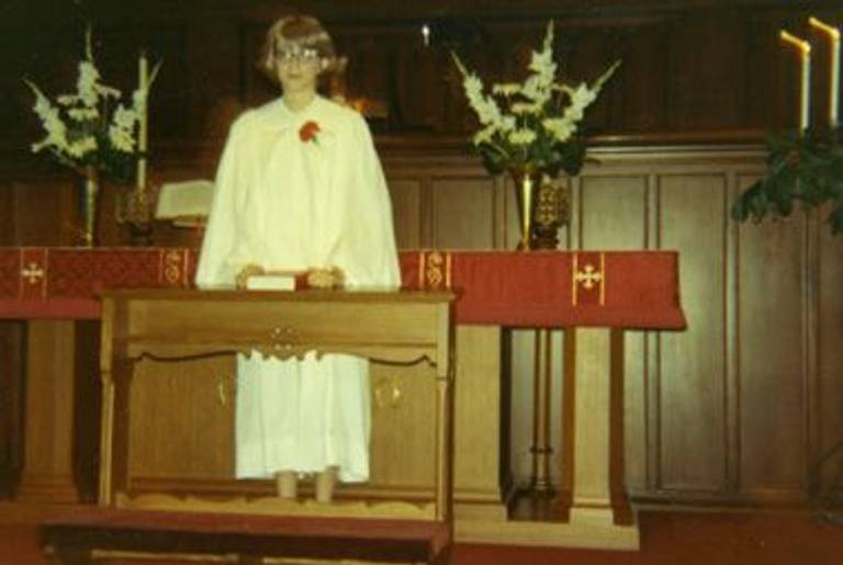 Blomquist at at the First Lutheran Church in Dayton, Ohio, for her confirmation, circa 1969.