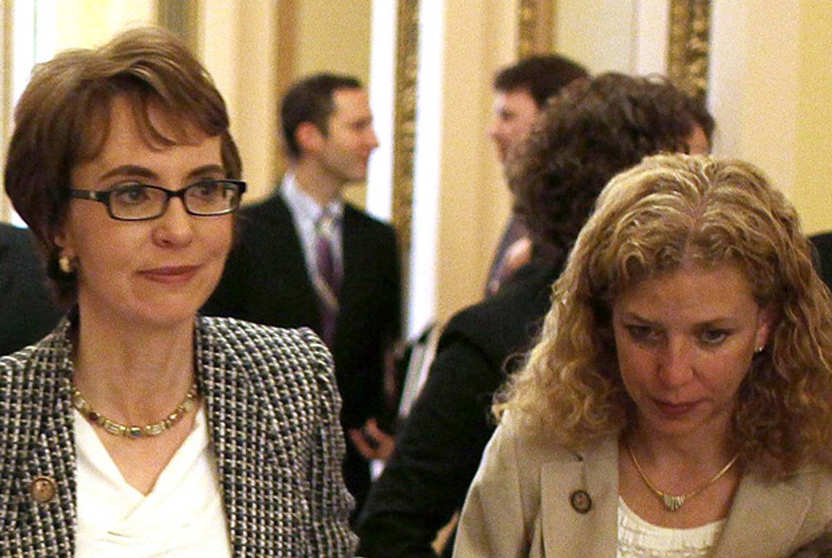 Reps. Giffords and Wasserman Schultz this morning in the Capitol.(Mark Wilson/Getty Images)