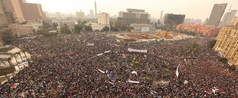 Protestors gather in Tahrir Square on February 1, 2011 in Cairo, Egypt.