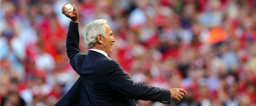 Hall of Famer Sandy Koufax throws out the first pitch prior to the 86th MLB All-Star Game at the Great American Ball Park in Cincinnati, Ohio, July 14, 2015. 