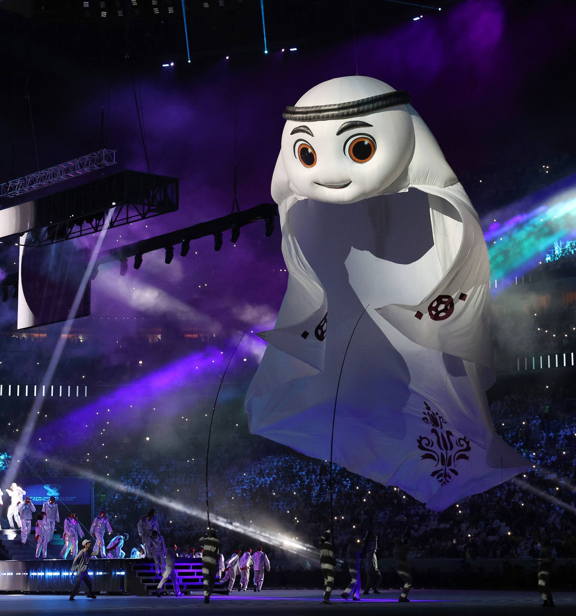 La’eeb, the mascot of the 2022 FIFA World Cup, is seen during the opening ceremony before the Group A match between Qatar and Ecuador at Al Bayt Stadium in Al Khor, Qatar, on Nov. 20, 2022