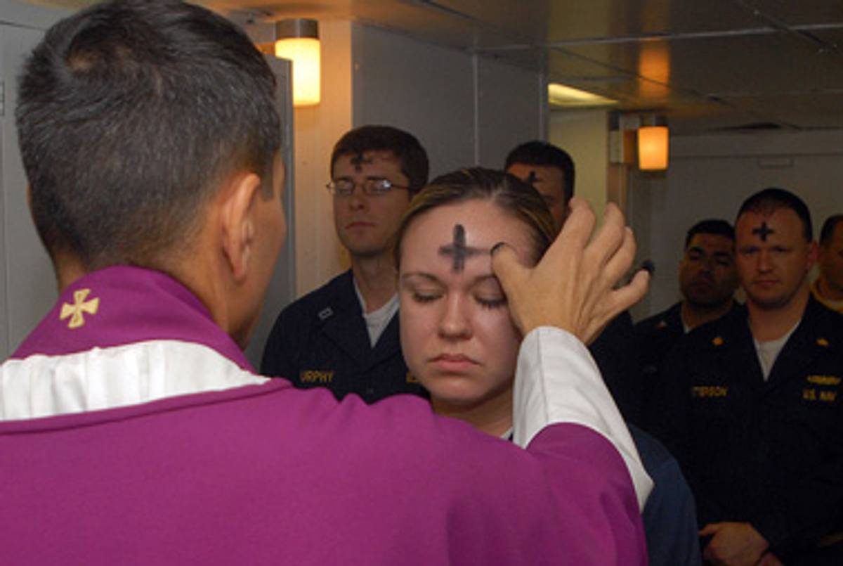 Priest applying sacramental schmutz.(Wikipedia)