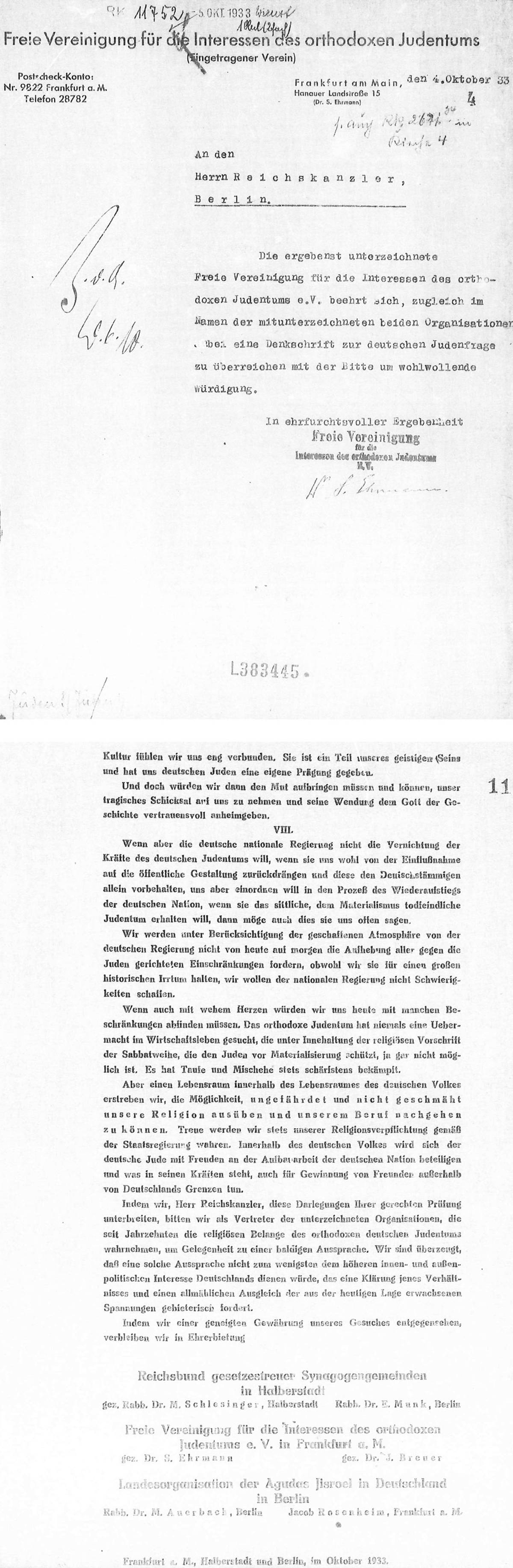 Memorandum sent from the Free Association for the Interests of Orthodox Judaism, Reich Alliance of Law Abiding Synagogue Communities in Halberstadt, and National Agudat Israel Organization in Germany to the Herr Reich Chancellor on Oct. 4, 1933. Courtesy of Bundesarchiv, Potsdam, R 43 II / 602