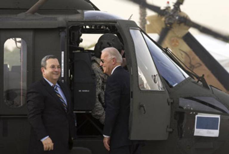 Defense Minister Ehud Barak and Biden, leaving for Jordan.(David Furst/AFP/Getty Images)
