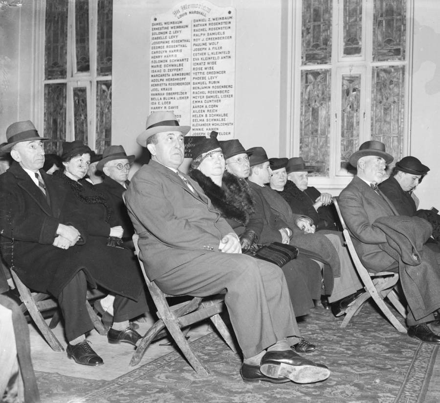 German Jewish refugees at a Thanksgiving Day service at the Fort Washington Synagogue in New York, 1938