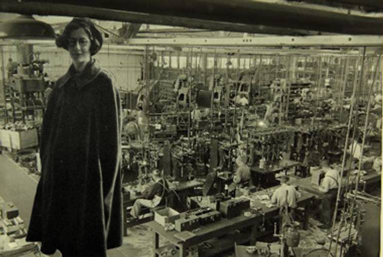 Simone Weil, 1942; an aircraft factory, 1940.(Collage Abigail Miller/Tablet Magazine; photos: American Weil Society and San Diego Air and Space Museum Archives)