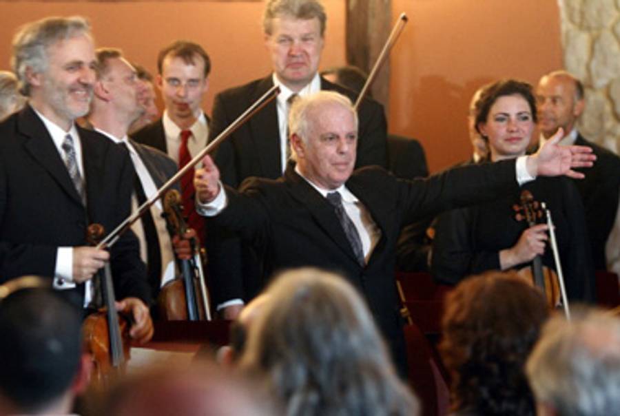 Daniel Barenboim (center) and other performers at the Gaza concert.(Mohammed Abed/AFP/Getty Images)