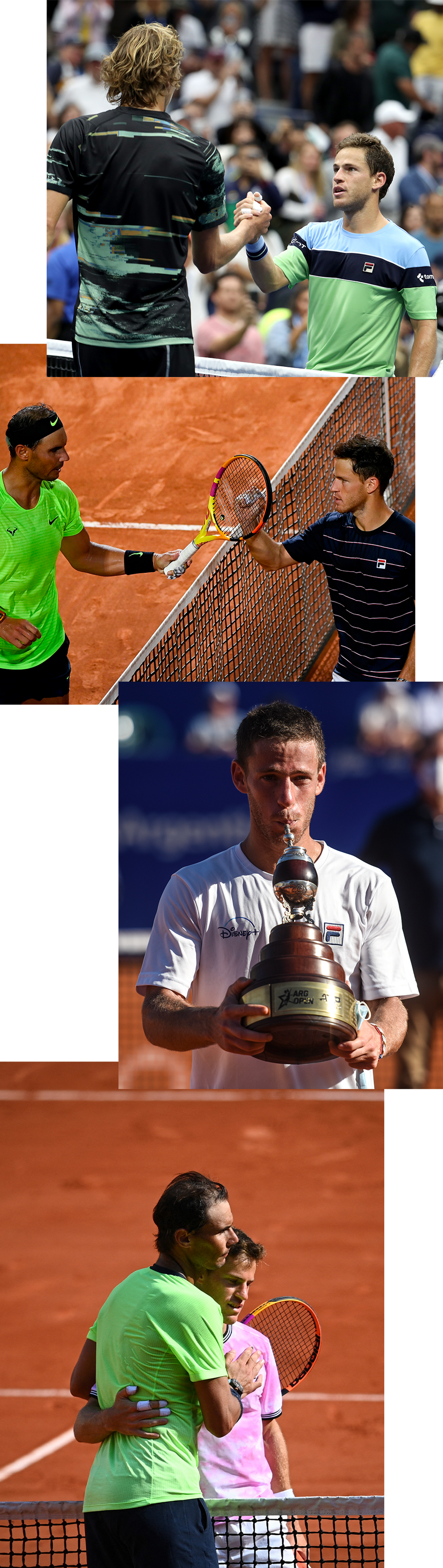 From top: With Alexander Zverev of Germany at the 2019 US Open; after beating Rafael Nadal in Rome, Sept. 19, 2020; winning the 2021 ATP Buenos Aires Argentina Open; after losing to Nadal at the 2021 French Open in Paris