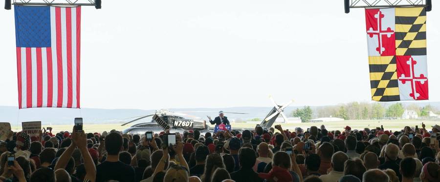 Republican presidential candidate Donald Trump speaks at a rally in a hangar at Rider Jet Center  in Hagerstown, Maryland, April 24, 2016. 