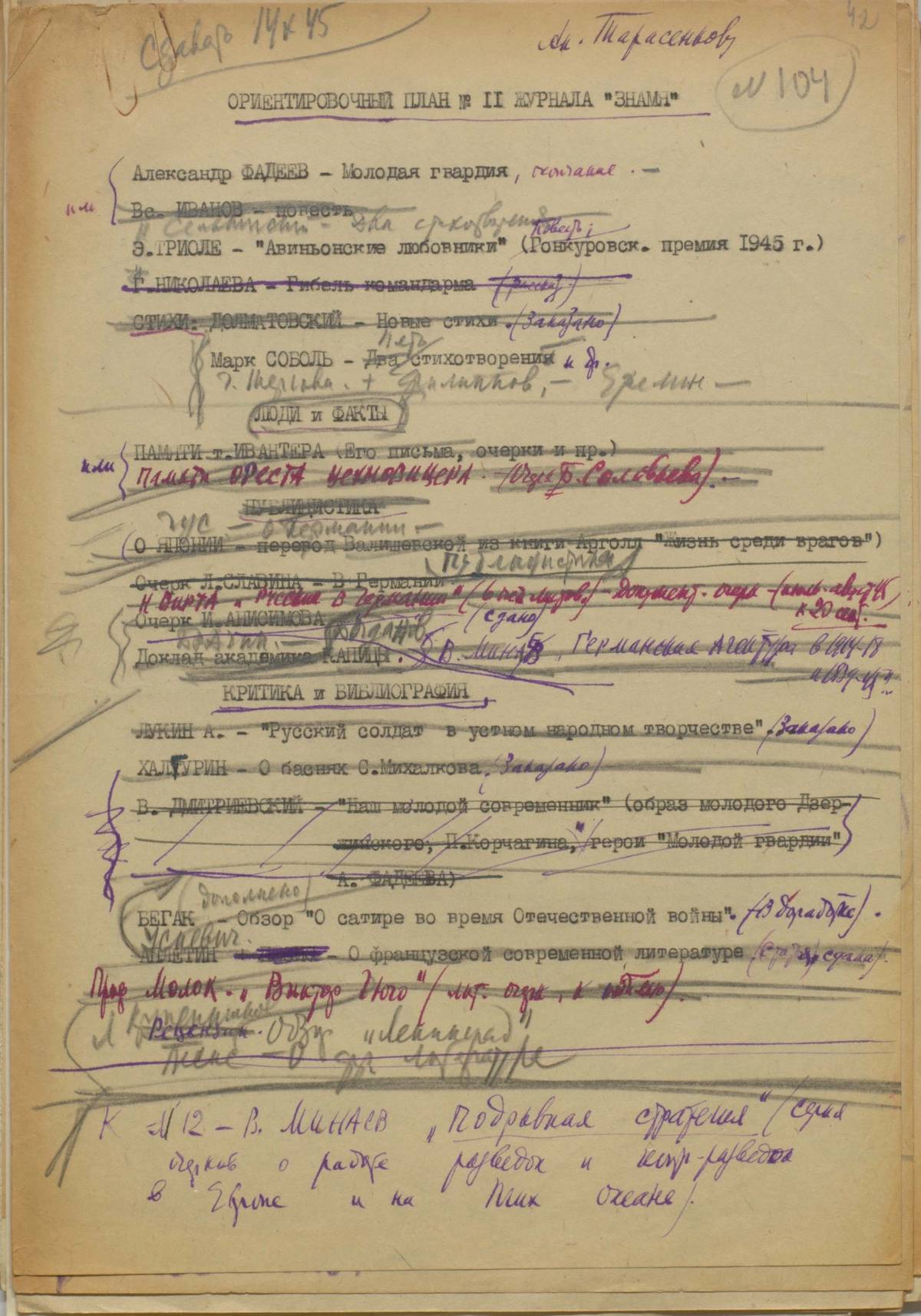 Draft of the contents of issue 11 of ‘Banner’ for 1945 with two poems by Selvinsky added in pencil (line 3) below Aleksandr Fadeev’s ‘Young Guard’ and above Elsa Triolet’s ‘The Lovers of Avignon’