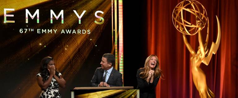 Actress Uzo Aduba (L), Television Academy Chairman & CEO Bruce Rosenblum, and Television Presenter Cat Deeley, present the 67th Primetime Emmy Awards nominations in West Hollywood, California, July 16, 2015. 
