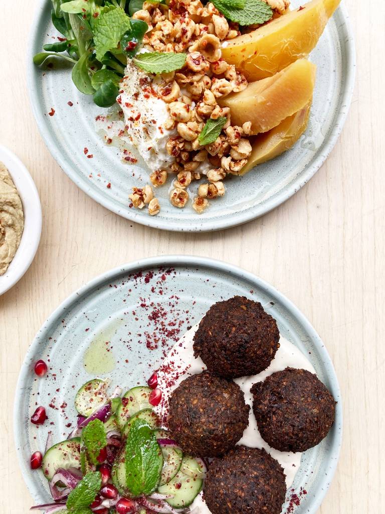 Falafel and poached quince with hazelnuts at Honey & Co.