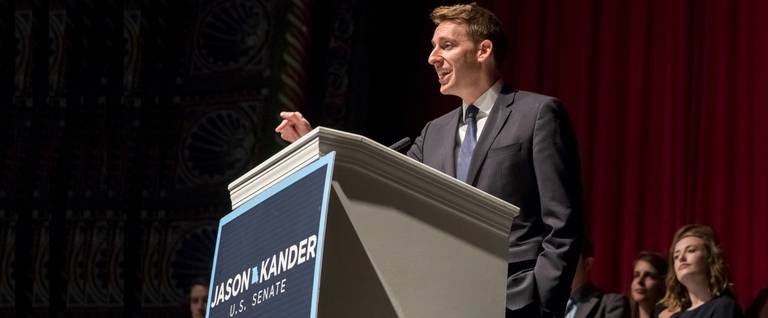 Jason Kander, Democratic candidate for U.S. Senate in Missouri, delivers his concession speech to supporters at Uptown Theater on November 9, 2016 in Kansas City, Missouri. 
