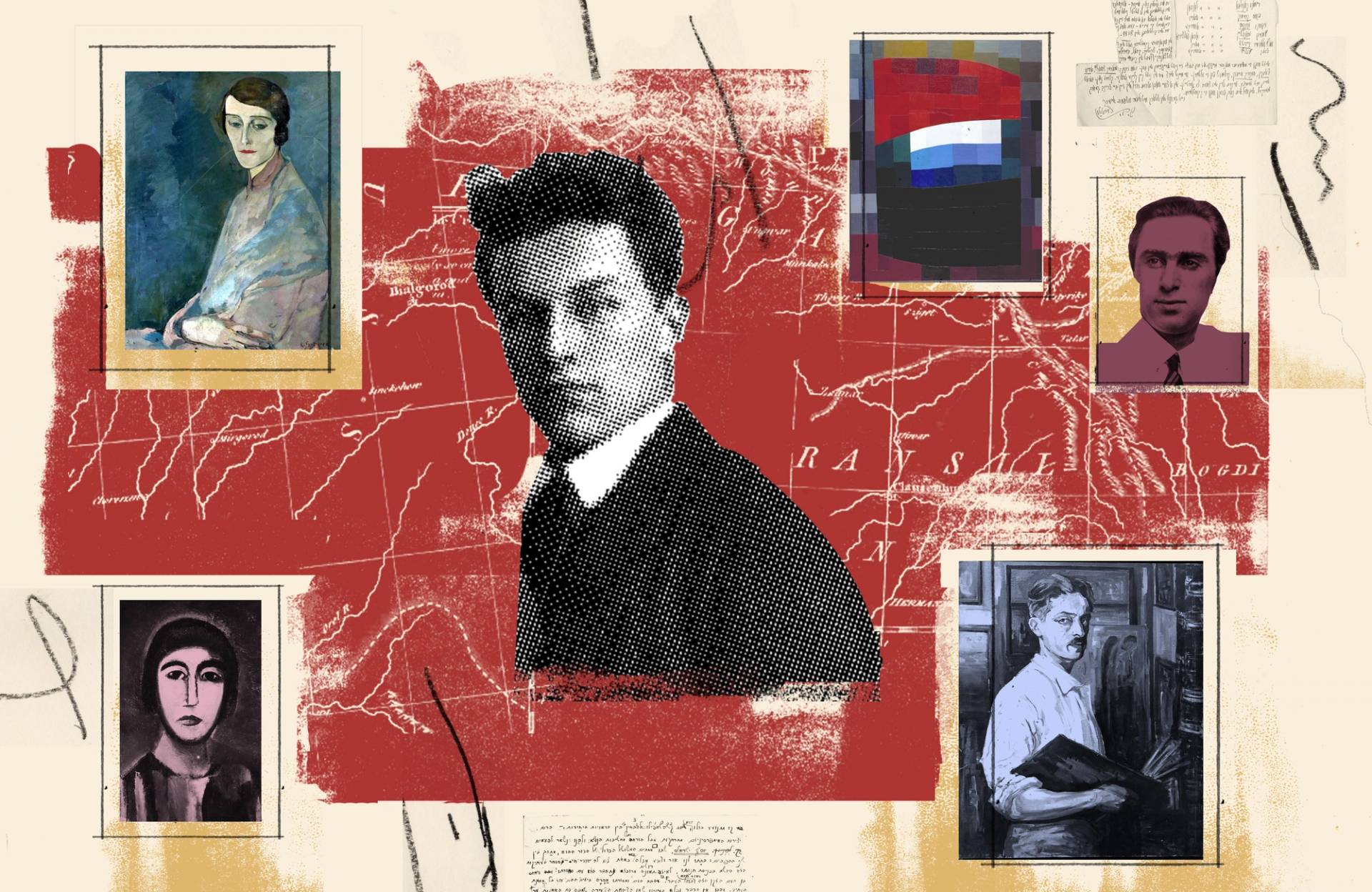Clockwise from top left: painting by Leopold Gottlieb, 1919 photo of Otto Schneid, painting by Otto Freundlich, photo of Issachar Ryback, Samuel Obodowski-Orjahu self-portrait, and Fega Blumberg self-portrait