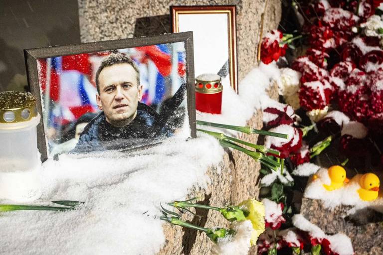 A memorial to Navalny on Voskresenskaya Embankment, St. Petersburg, Russia, Feb. 16, 2024