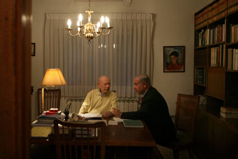 Benzion Netanyahu and his son Benjamin, then Likud party leader, meeting in Benzion’s Jerusalem home on election day, February 8, 2009.(Michal Fattal/Likud via Getty Images)