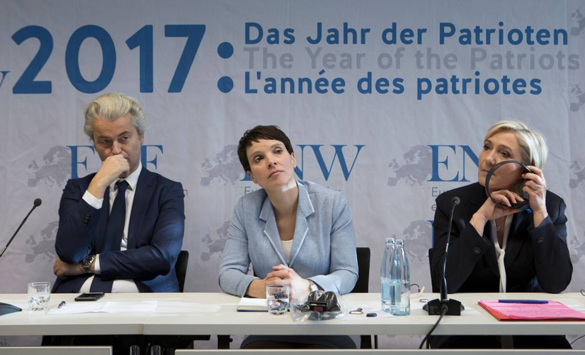 Left to right: Geert Wilders, chairman of the Partij voor de Vrijheid of the Netherlands, Frauke Petry of the Alternative for Germany party, and Marine Le Pen, chairwoman of France’s National Front, at the European Parliament in Koblenz, Jan. 21, 2017. (Photo: Ulrich Baumgarten/Getty Images)