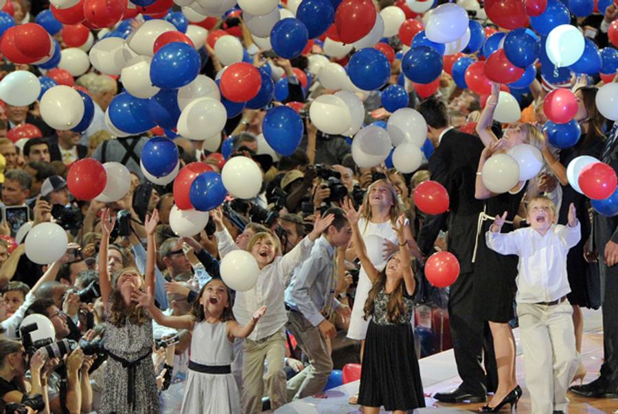 Members of Republican presidential candidate Mitt Romney and vice presidential nominee Paul Ryan families play with balloons following Romney's acceptance speech on August 30, 2012.(MLADEN ANTONOV/AFP/GettyImages)