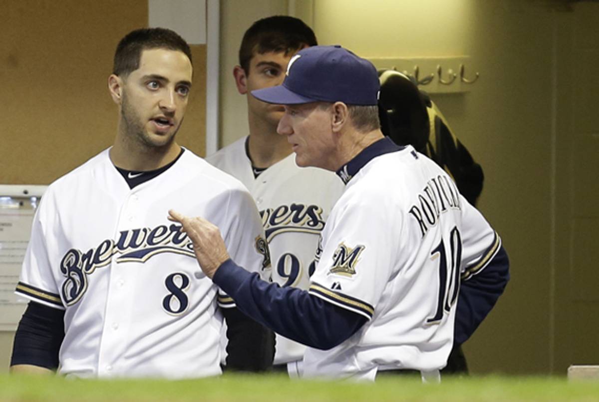 Ryan Braun #8 of the Milwaukee Brewers talks to Manager Ron Roenicke #10 in the top of the fourth inning against the Oakland Athletics during the interleague game at Miller Park on June 04, 2013 in Milwaukee, Wisconsin.( Mike McGinnis/Getty Images)