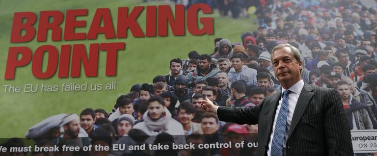 UK Independence Party Leader (UKIP) Nigel Farage poses during the launch of a national poster campaign urging voters to chose to leave the EU ahead of the EU referendum, in London England, June 16, 2016. 