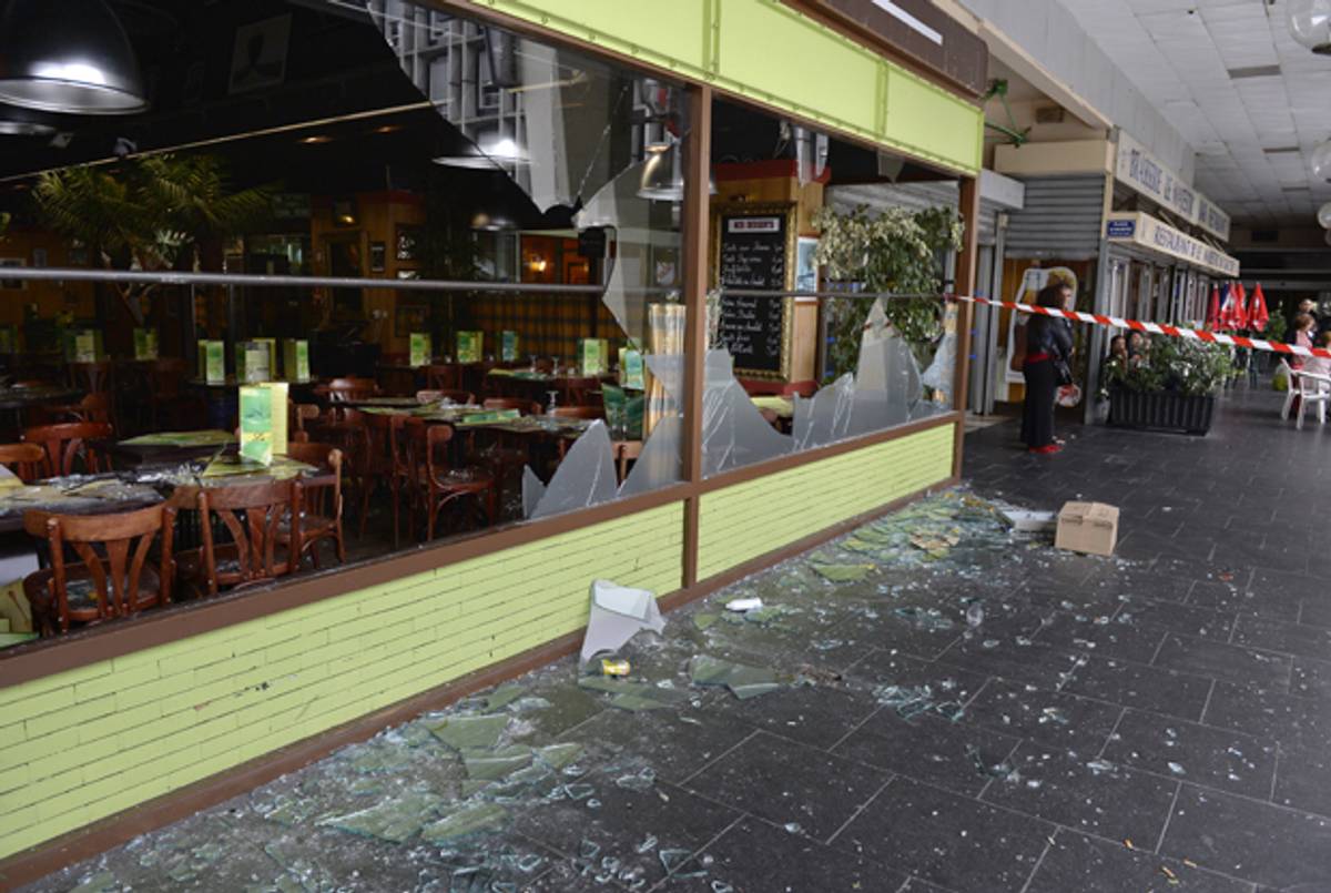 Restaurant in Sarcelles, a northern Paris suburb, damaged on July 20, 2014 after a rally against Israel's Gaza offensive descended into violence pitting an angry pro-Palestinian crowd against local Jewish businesses. (MIGUEL MEDINA/AFP/Getty Images)