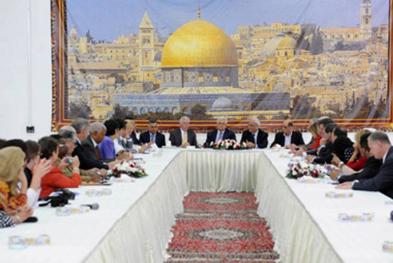 Palestinian President Abbas meets with a U.S. congressional delegation earlier this month.(Thaer Ganaim/PPO via Getty Images)