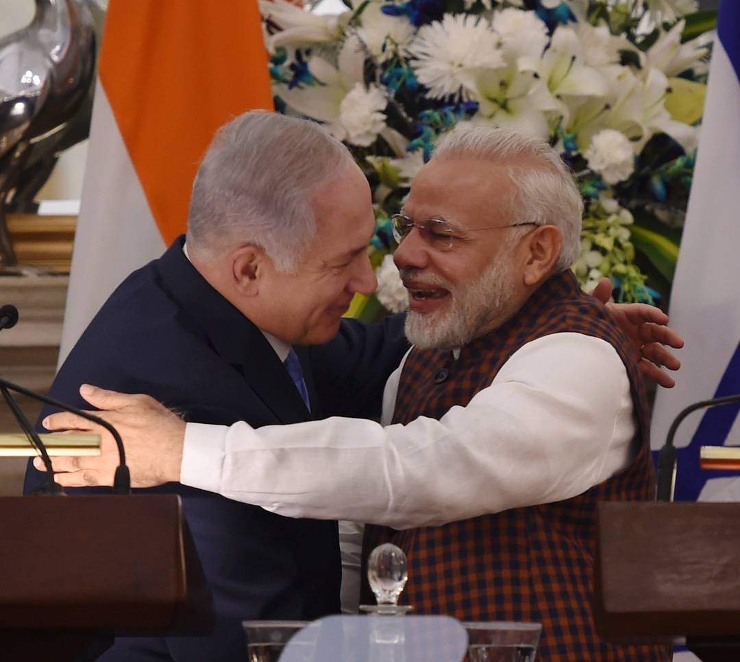 Indian Prime Minister Narendra Modi, right, hugs Israeli Prime Minister Benjamin Netanyahu during a press conference at Hyderabad House in New Delhi on Jan. 15, 2018