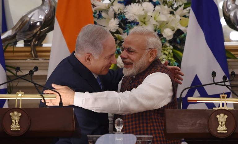 Indian Prime Minister Narendra Modi, right, hugs Israeli Prime Minister Benjamin Netanyahu during a press conference at Hyderabad House in New Delhi on Jan. 15, 2018