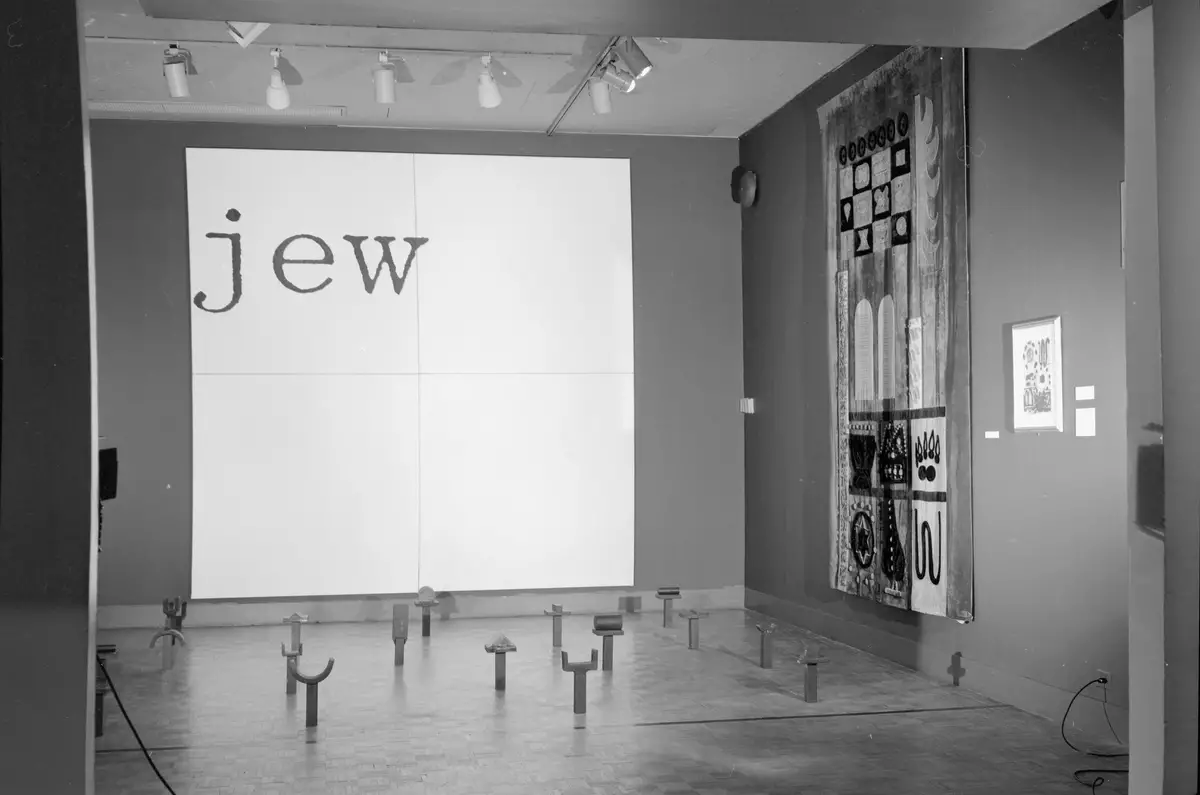 Installation view of ‘The Jewish Museum Collects: A Five Year Review,’ 1988, featuring William Anastasi (American, b. 1933), ‘Untitled (jew),’ 1987, oil on canvas