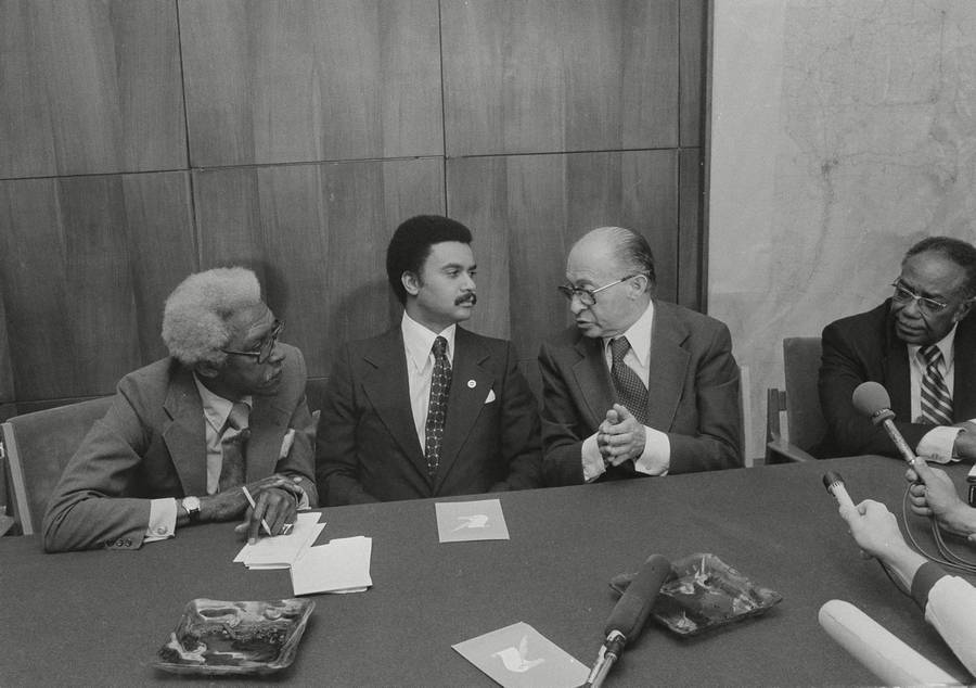 Bayard Rustin (left) and Menachem Begin, 1979. At center is Robert Brown, vice-president of the National Urban League.