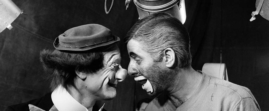 Jerry Lewis (R) in the set of his never-released film, 'The Day the Clown Cried', in Paris, France, March 22, 1972. 