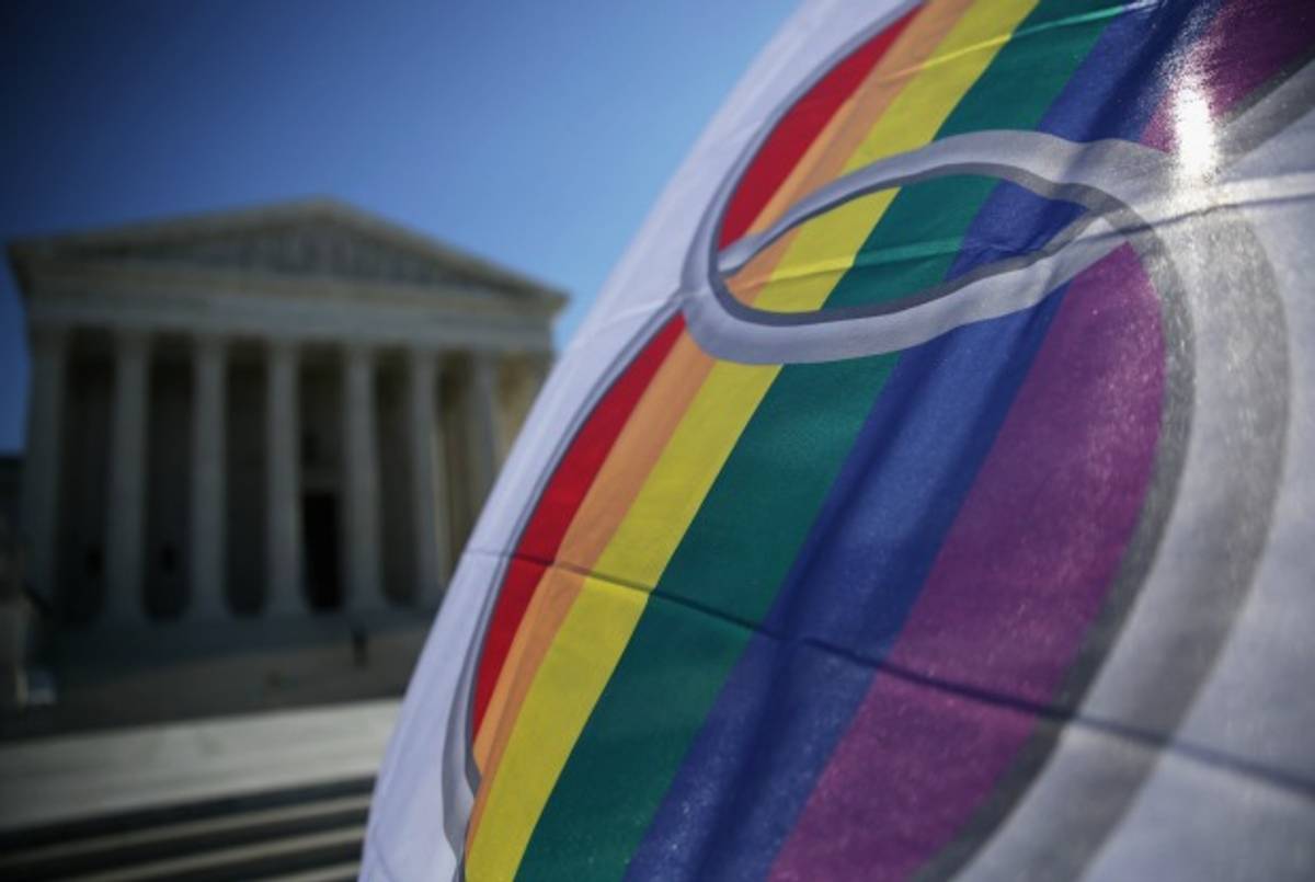 A 'marriage pride flag' outside the U.S. Supreme Court in Washington, DC. (Photo by Alex Wong/Getty Images)
