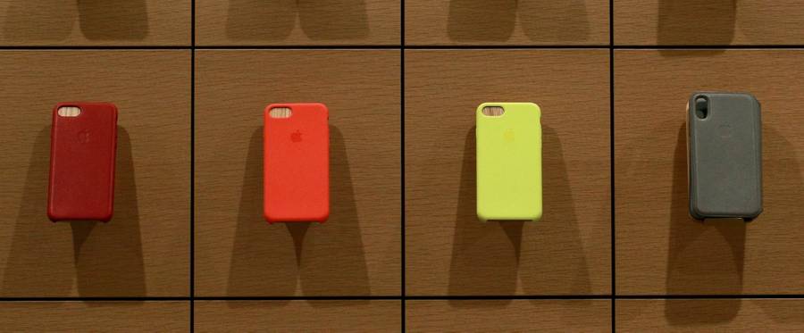 Apple iPhone cases on display at an Apple store in Chicago, March 27, 2018.